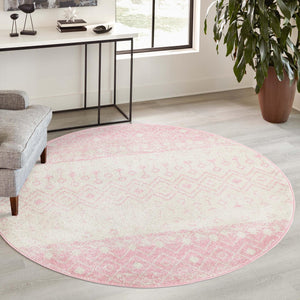 Ivory and Pink 10' x 10' Tribal Trellis Round Area Rug Geometric Southwestern Inspired Durable Carpet for Home Interior Design for Sale at Rug Engine