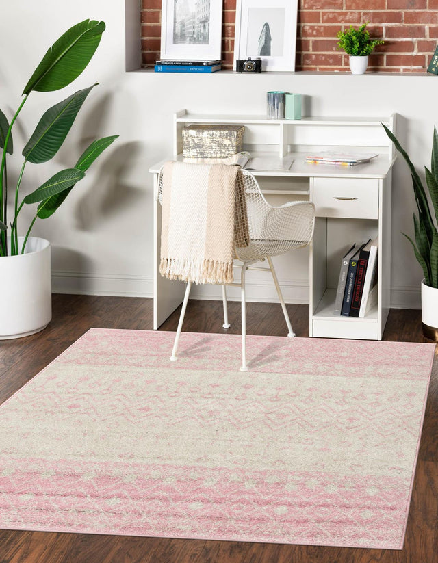 Ivory and Pink 6' x 6' Tribal Trellis Square Area Rug Geometric Southwestern Inspired Durable Carpet for Home Interior Design for Sale at Rug Engine