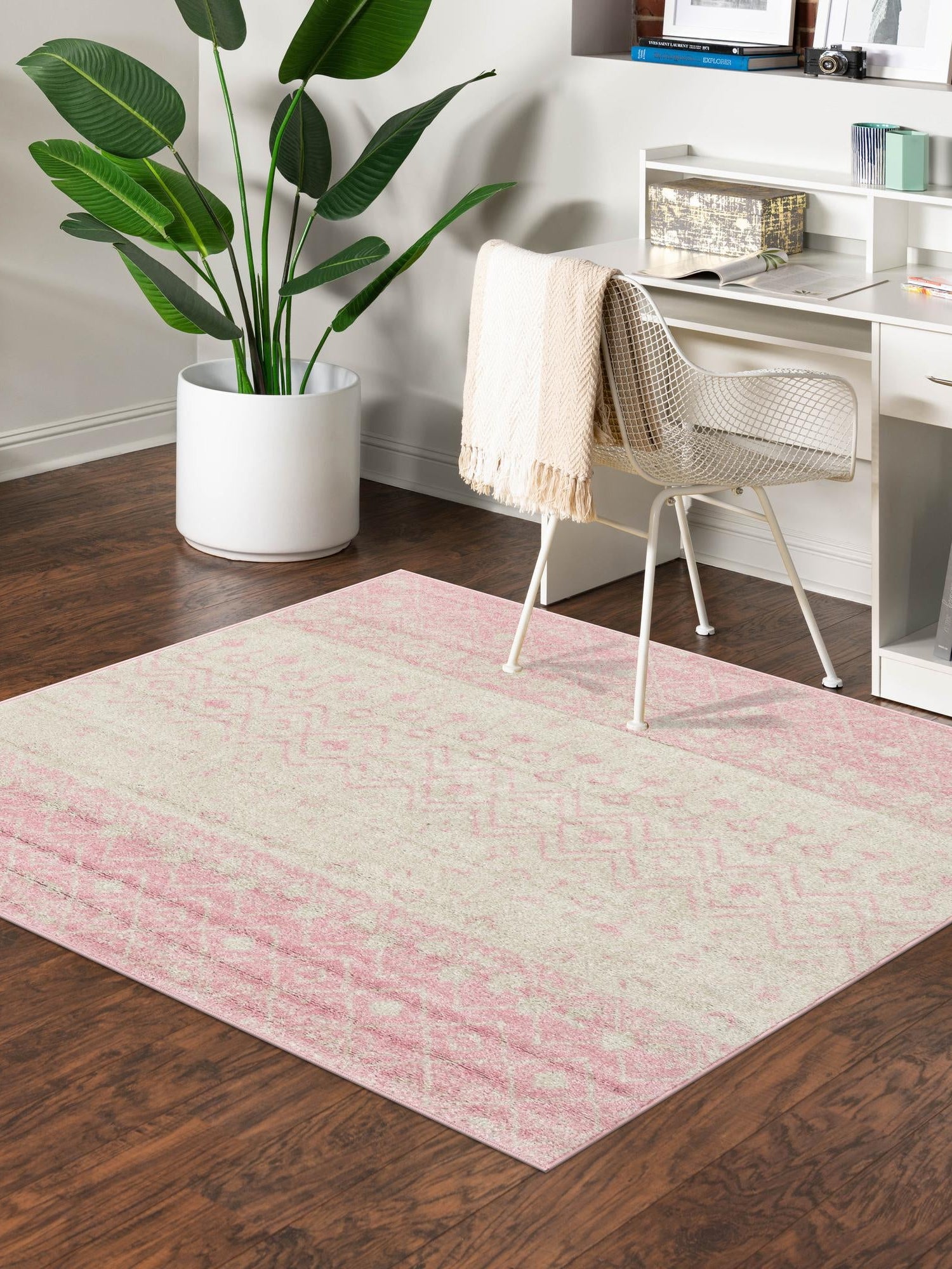 Ivory and Pink 5' 3 x 5' 3 Tribal Trellis Square Area Rug Geometric Southwestern Inspired Durable Carpet for Home Interior Design for Sale at Rug Engine
