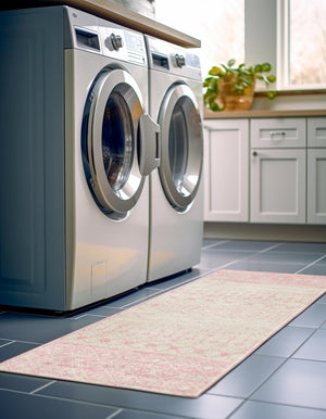 Ivory and Pink 2' x 5' Tribal Trellis Runner Area Rug Geometric Southwestern Inspired Durable Carpet for Home Interior Design for Sale at Rug Engine