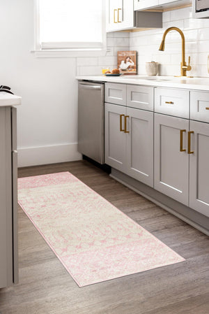Ivory and Pink 2' x 6' Tribal Trellis Runner Area Rug Geometric Southwestern Inspired Durable Carpet for Home Interior Design for Sale at Rug Engine