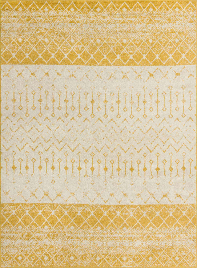 Ivory and Yellow 9' x 12' Tribal Trellis Rectangle Area Rug Geometric Southwestern Inspired Durable Carpet for Home Interior Design for Sale at Rug Engine