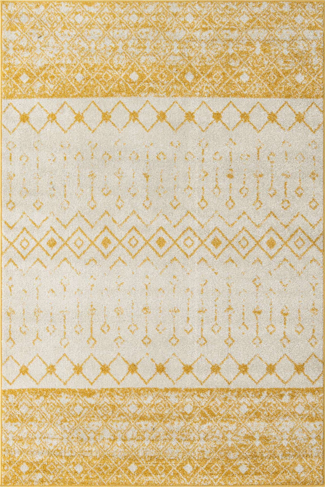 Ivory and Yellow 6' 1 x 9' Tribal Trellis Rectangle Area Rug Geometric Southwestern Inspired Durable Carpet for Home Interior Design for Sale at Rug Engine