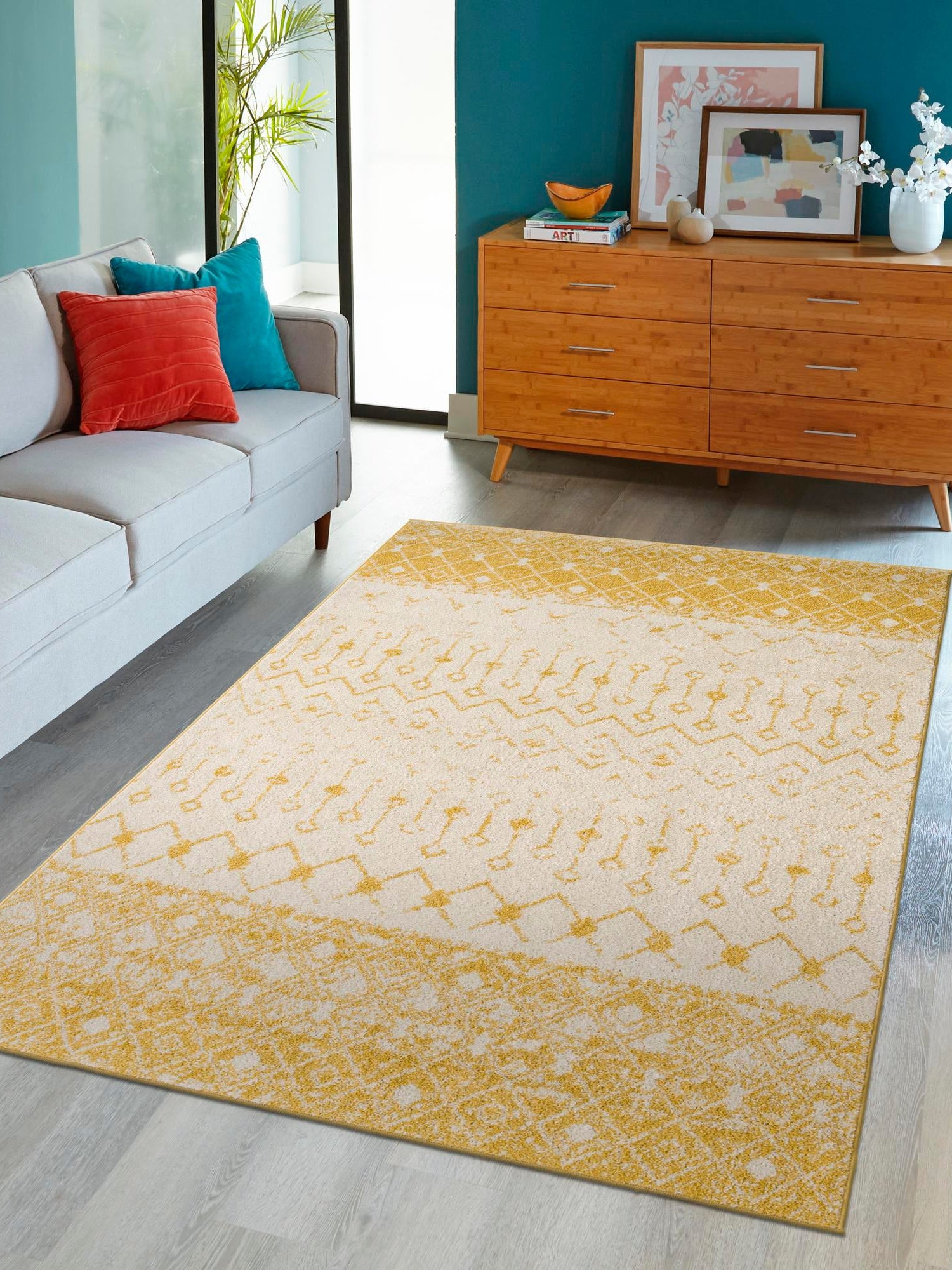 Ivory and Yellow 9' x 12' Tribal Trellis Rectangle Area Rug Geometric Southwestern Inspired Durable Carpet for Home Interior Design for Sale at Rug Engine