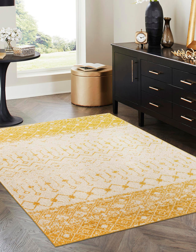 Ivory and Yellow 7' 10 x 10' Tribal Trellis Rectangle Area Rug Geometric Southwestern Inspired Durable Carpet for Home Interior Design for Sale at Rug Engine