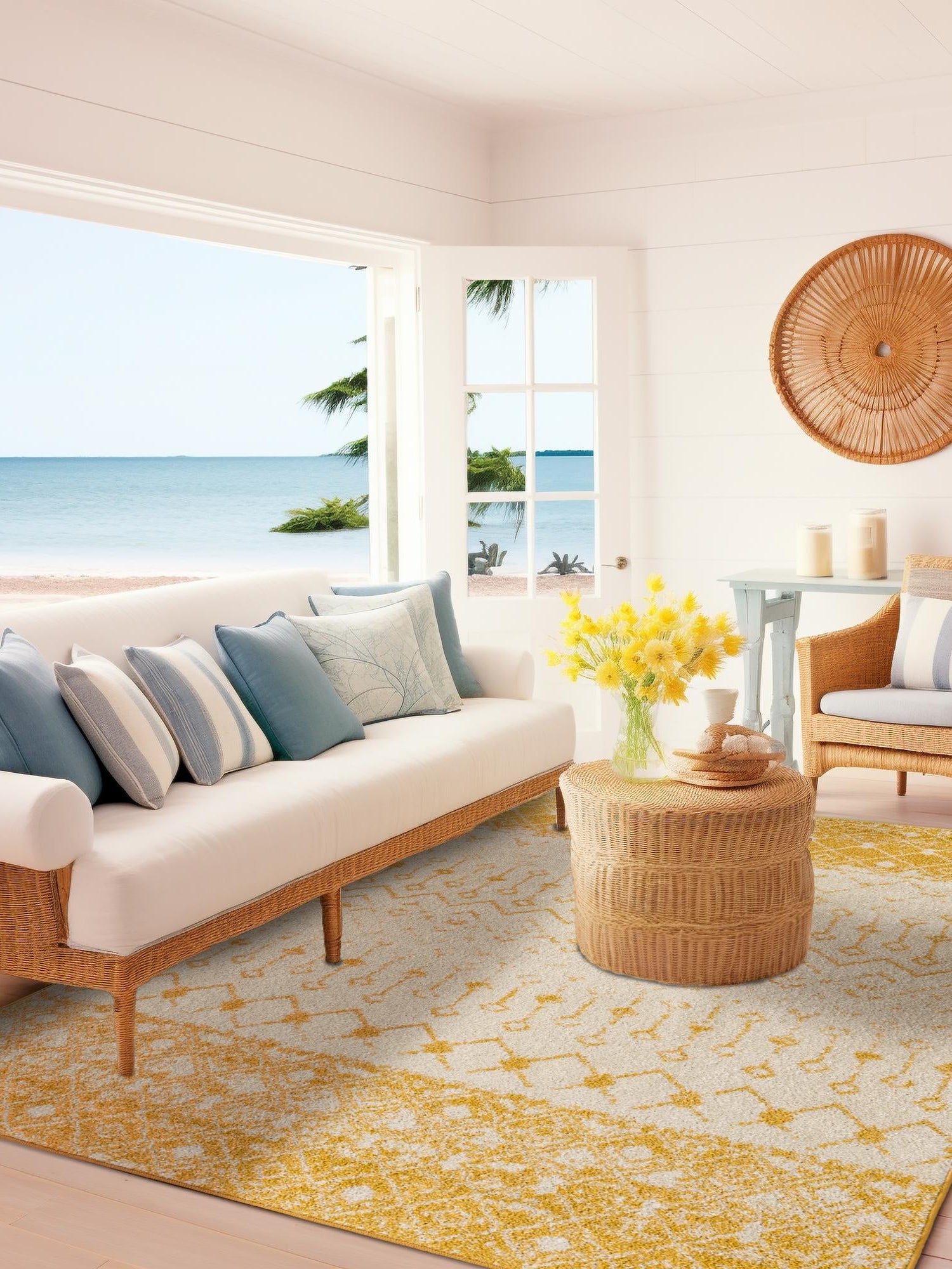 Ivory and Yellow 2' x 3' 1 Tribal Trellis Rectangle Area Rug Geometric Southwestern Inspired Durable Carpet for Home Interior Design for Sale at Rug Engine