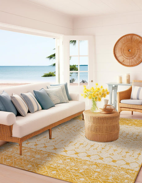 Ivory and Yellow 9' x 12' Tribal Trellis Rectangle Area Rug Geometric Southwestern Inspired Durable Carpet for Home Interior Design for Sale at Rug Engine