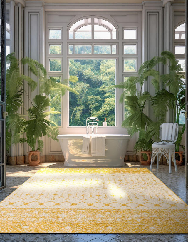 Ivory and Yellow 2' x 3' 1 Tribal Trellis Rectangle Area Rug Geometric Southwestern Inspired Durable Carpet for Home Interior Design for Sale at Rug Engine