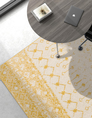 Ivory and Yellow 9' x 12' Tribal Trellis Rectangle Area Rug Geometric Southwestern Inspired Durable Carpet for Home Interior Design for Sale at Rug Engine