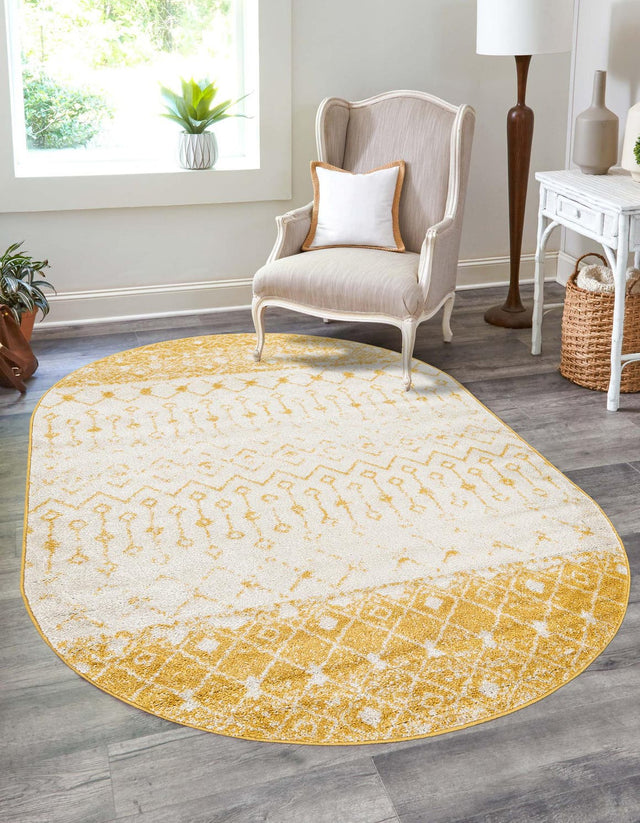 Ivory and Yellow 5' 3 x 8' Tribal Trellis Oval Area Rug Geometric Southwestern Inspired Durable Carpet for Home Interior Design for Sale at Rug Engine