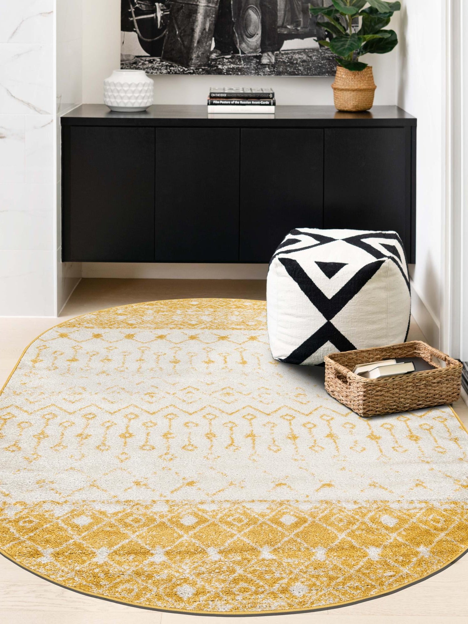Ivory and Yellow 5' 3 x 8' Tribal Trellis Oval Area Rug Geometric Southwestern Inspired Durable Carpet for Home Interior Design for Sale at Rug Engine