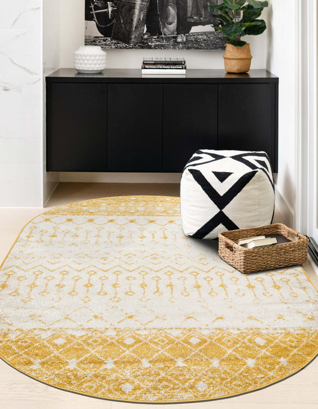 Ivory and Yellow 7' 10 x 10' Tribal Trellis Oval Area Rug Geometric Southwestern Inspired Durable Carpet for Home Interior Design for Sale at Rug Engine