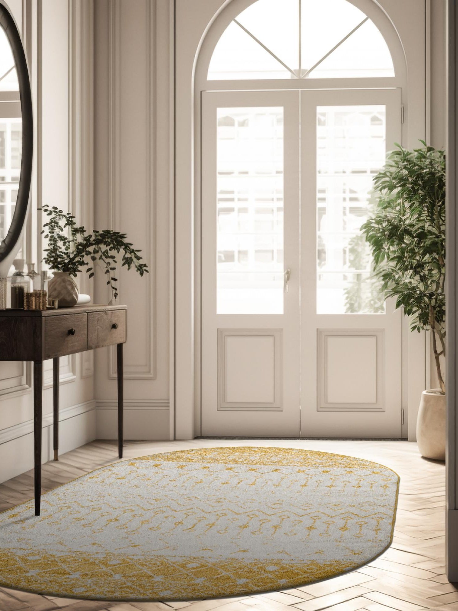 Ivory and Yellow 5' 3 x 8' Tribal Trellis Oval Area Rug Geometric Southwestern Inspired Durable Carpet for Home Interior Design for Sale at Rug Engine