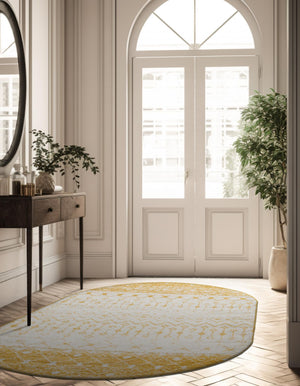 Ivory and Yellow 5' 3 x 8' Tribal Trellis Oval Area Rug Geometric Southwestern Inspired Durable Carpet for Home Interior Design for Sale at Rug Engine