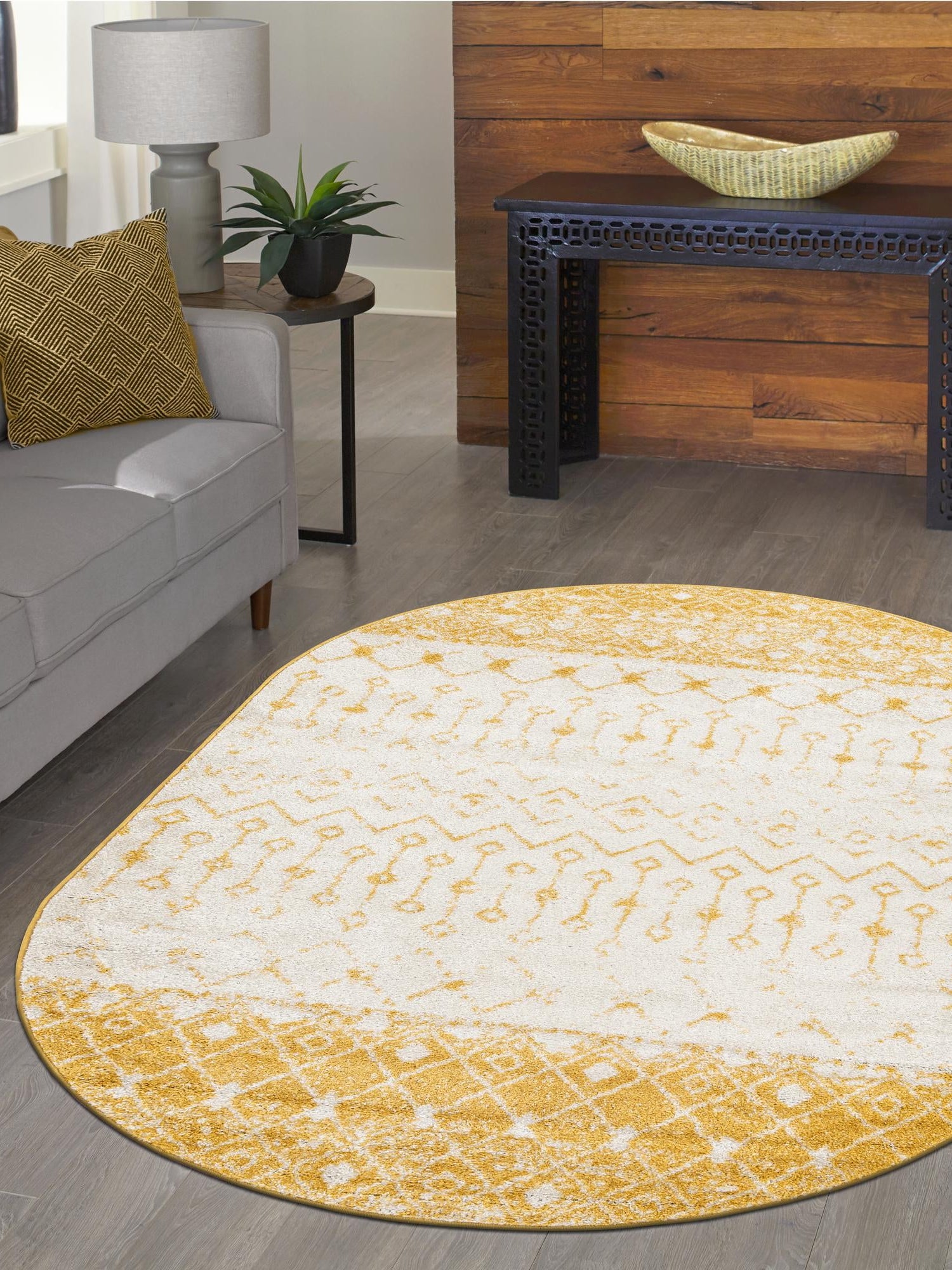 Ivory and Yellow 7' 10 x 10' Tribal Trellis Oval Area Rug Geometric Southwestern Inspired Durable Carpet for Home Interior Design for Sale at Rug Engine