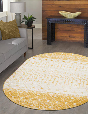 Ivory and Yellow 5' 3 x 8' Tribal Trellis Oval Area Rug Geometric Southwestern Inspired Durable Carpet for Home Interior Design for Sale at Rug Engine
