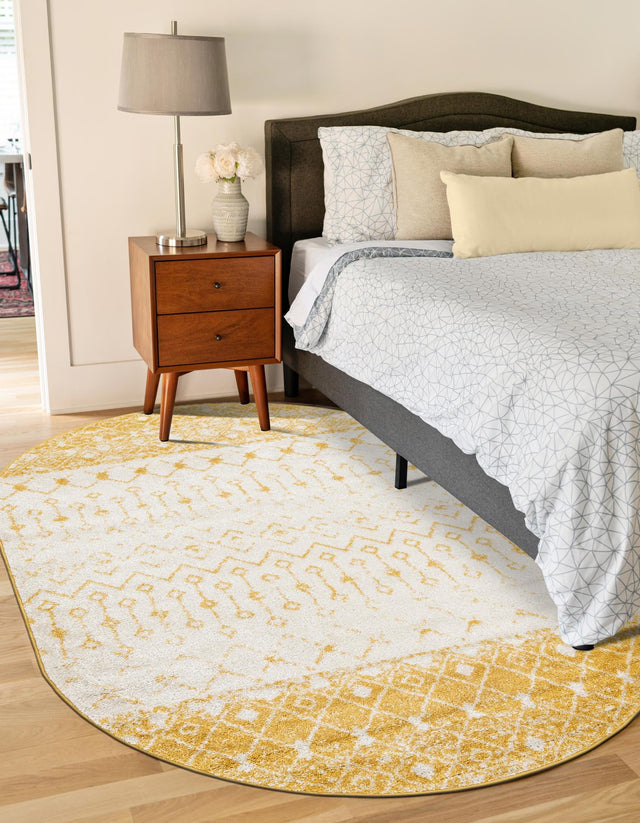 Ivory and Yellow 4' 1 x 6' 1 Tribal Trellis Oval Area Rug Geometric Southwestern Inspired Durable Carpet for Home Interior Design for Sale at Rug Engine