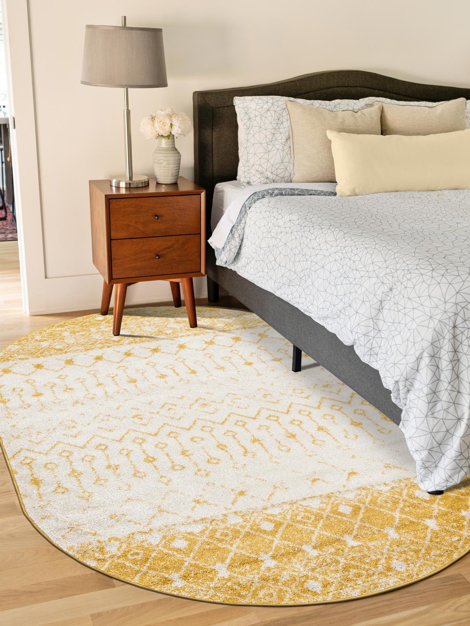 Ivory and Yellow 7' 10 x 10' Tribal Trellis Oval Area Rug Geometric Southwestern Inspired Durable Carpet for Home Interior Design for Sale at Rug Engine
