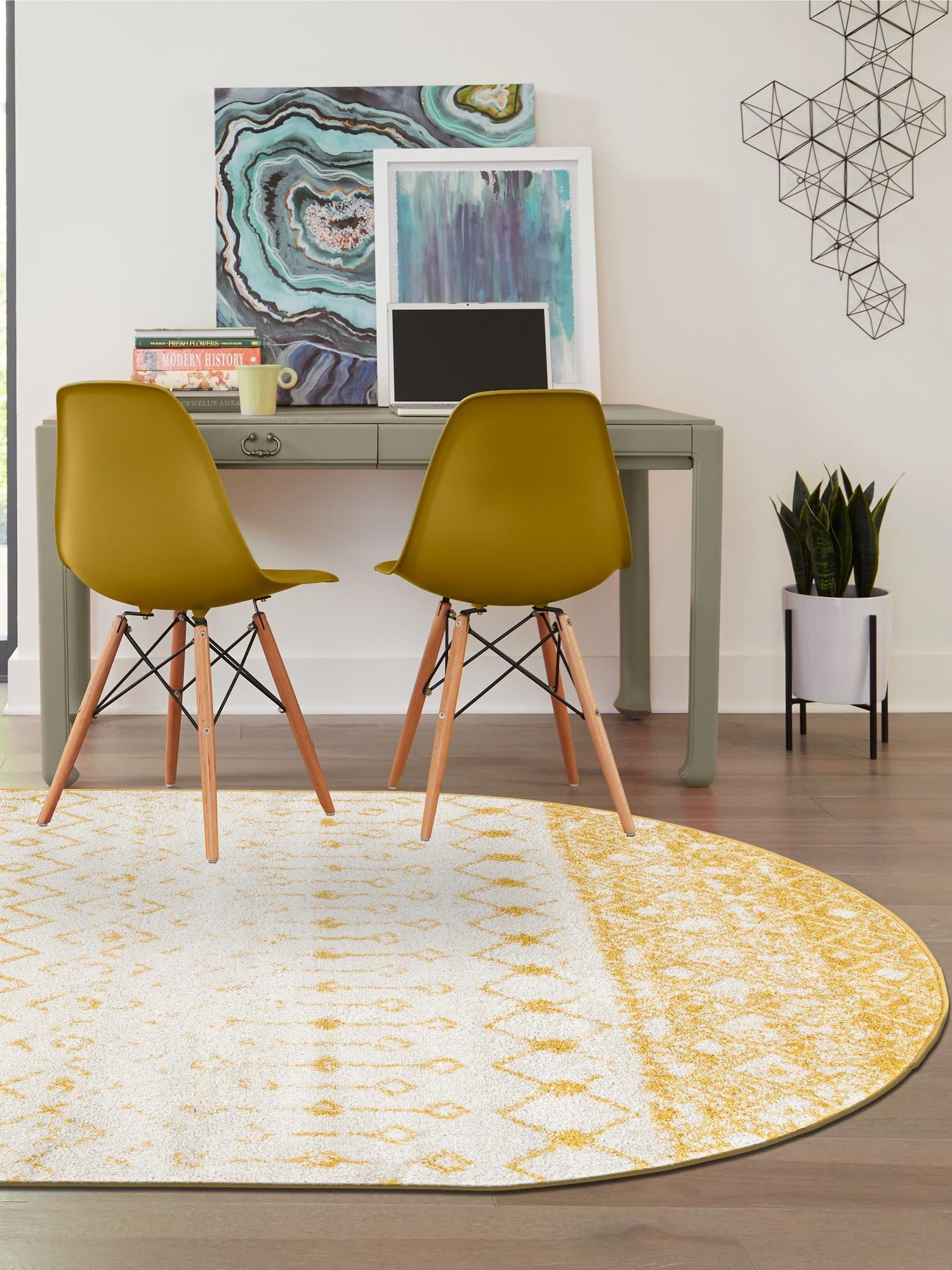 Ivory and Yellow 5' 3 x 8' Tribal Trellis Oval Area Rug Geometric Southwestern Inspired Durable Carpet for Home Interior Design for Sale at Rug Engine