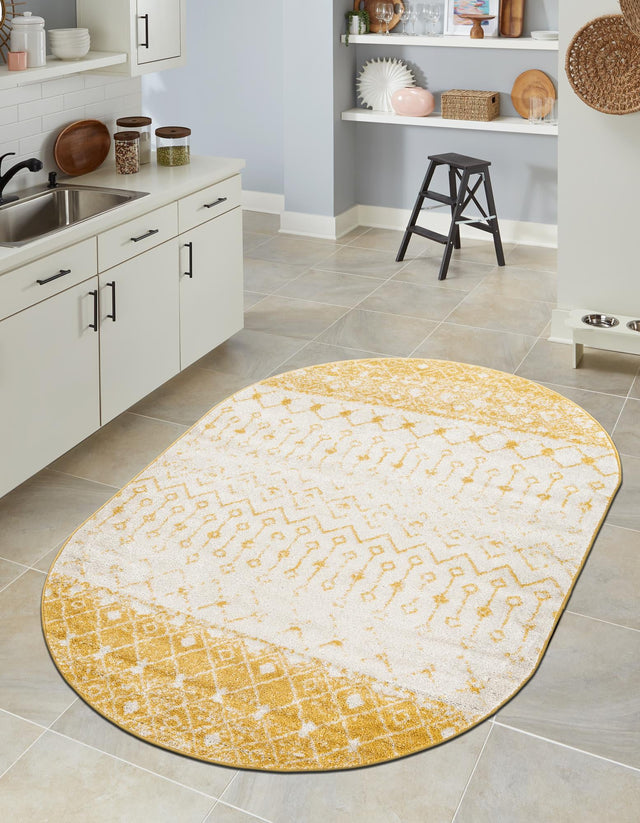 Ivory and Yellow 4' 1 x 6' 1 Tribal Trellis Oval Area Rug Geometric Southwestern Inspired Durable Carpet for Home Interior Design for Sale at Rug Engine