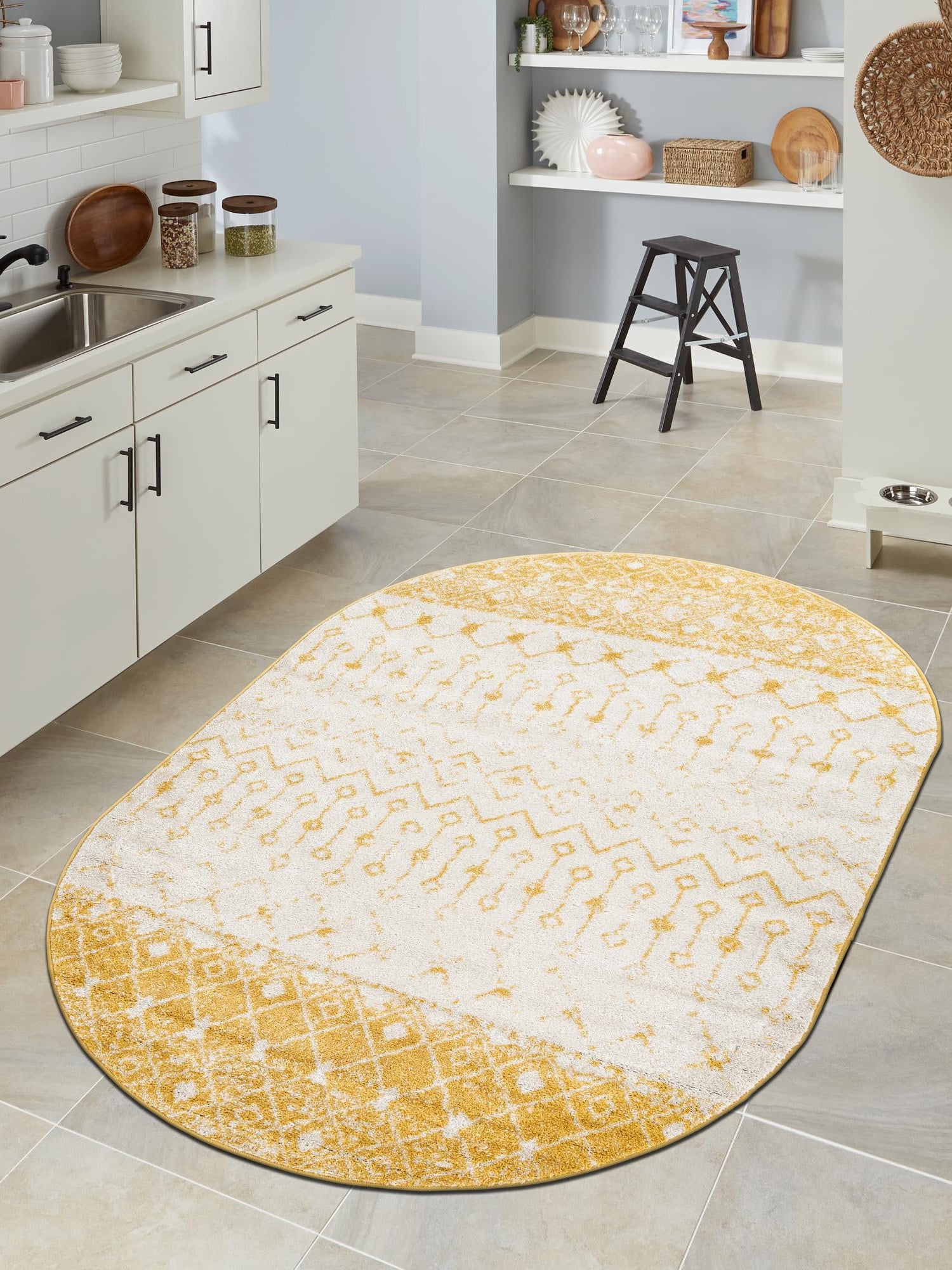 Ivory and Yellow 7' 10 x 10' Tribal Trellis Oval Area Rug Geometric Southwestern Inspired Durable Carpet for Home Interior Design for Sale at Rug Engine