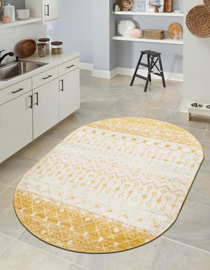 Ivory and Yellow 7' 10 x 10' Tribal Trellis Oval Area Rug Geometric Southwestern Inspired Durable Carpet for Home Interior Design for Sale at Rug Engine