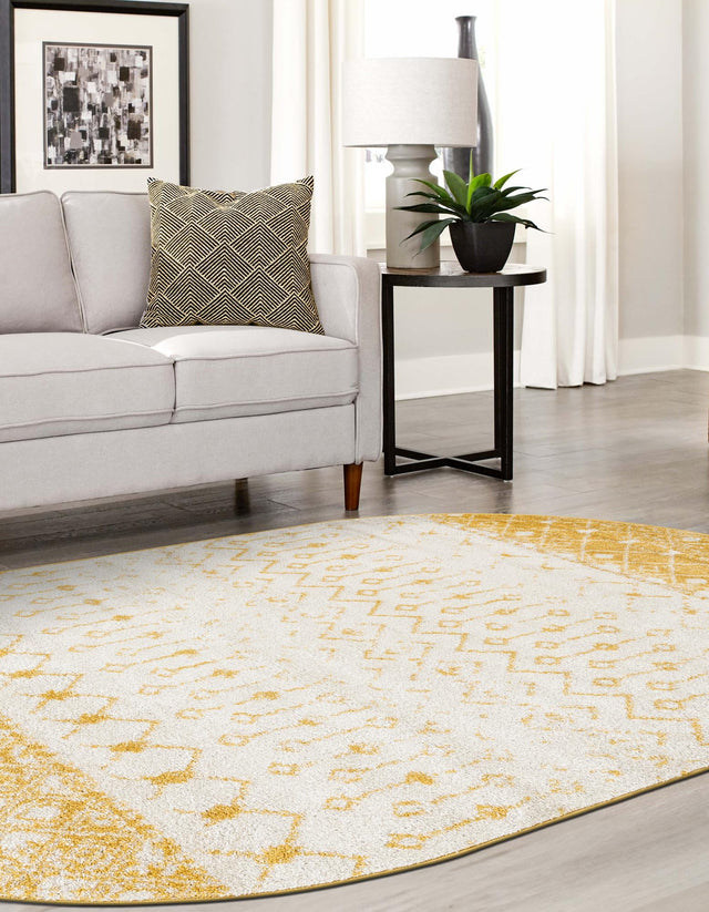 Ivory and Yellow 4' 1 x 6' 1 Tribal Trellis Oval Area Rug Geometric Southwestern Inspired Durable Carpet for Home Interior Design for Sale at Rug Engine