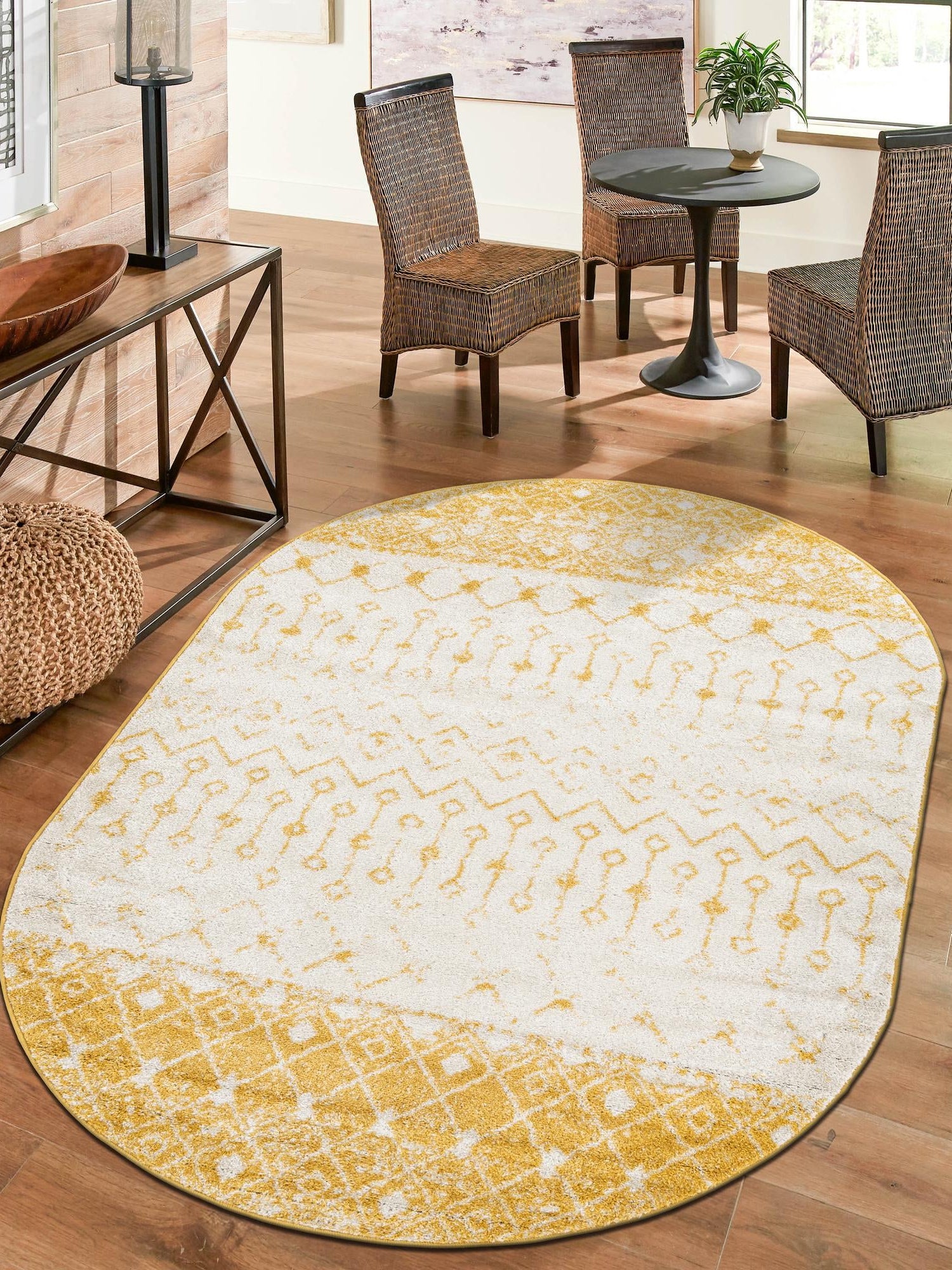 Ivory and Yellow 7' 10 x 10' Tribal Trellis Oval Area Rug Geometric Southwestern Inspired Durable Carpet for Home Interior Design for Sale at Rug Engine