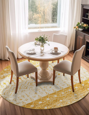 Ivory and Yellow 10' x 10' Tribal Trellis Round Area Rug Geometric Southwestern Inspired Durable Carpet for Home Interior Design for Sale at Rug Engine