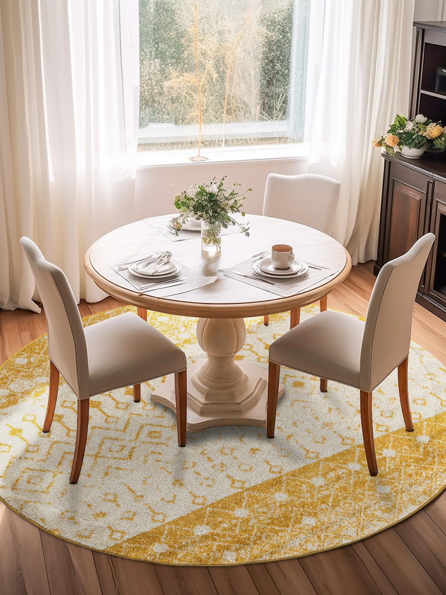 Ivory and Yellow 3' 1 x 3' 1 Tribal Trellis Round Area Rug Geometric Southwestern Inspired Durable Carpet for Home Interior Design for Sale at Rug Engine