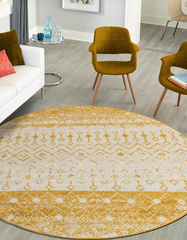 Ivory and Yellow 5' 3 x 5' 3 Tribal Trellis Round Area Rug Geometric Southwestern Inspired Durable Carpet for Home Interior Design for Sale at Rug Engine
