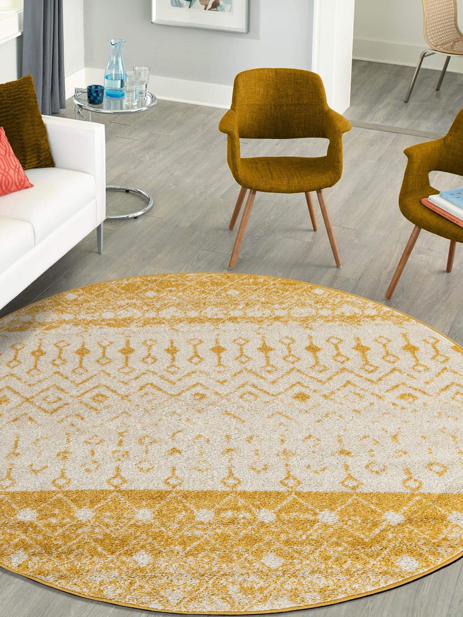 Ivory and Yellow 3' 1 x 3' 1 Tribal Trellis Round Area Rug Geometric Southwestern Inspired Durable Carpet for Home Interior Design for Sale at Rug Engine
