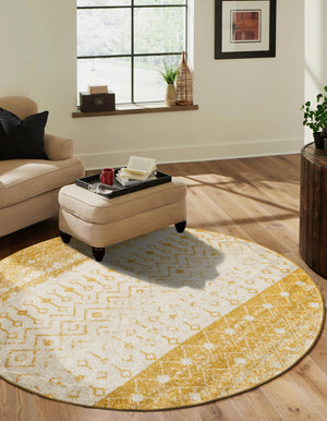 Ivory and Yellow 5' 3 x 5' 3 Tribal Trellis Round Area Rug Geometric Southwestern Inspired Durable Carpet for Home Interior Design for Sale at Rug Engine