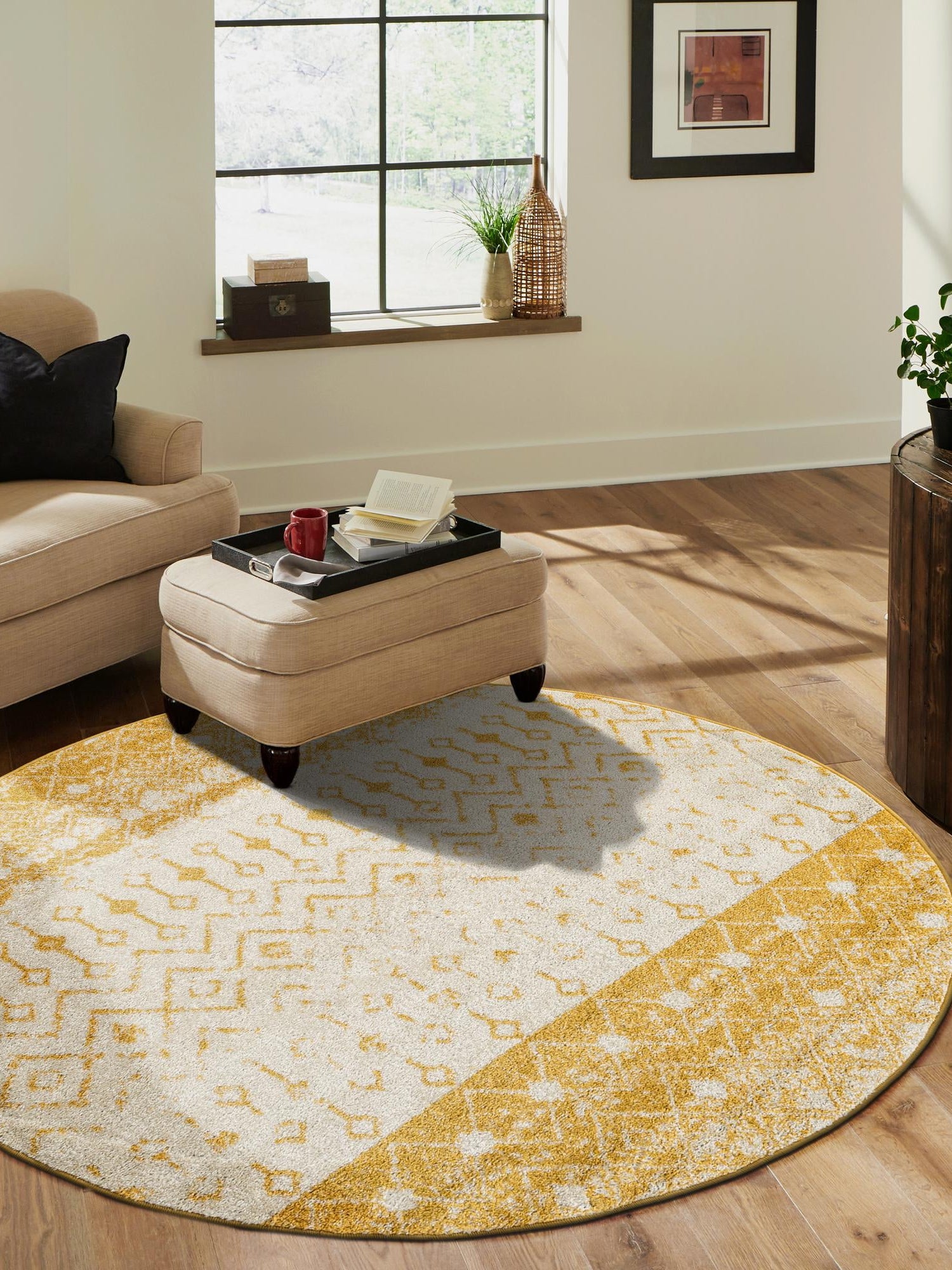 Ivory and Yellow 7' 10 x 7' 10 Tribal Trellis Round Area Rug Geometric Southwestern Inspired Durable Carpet for Home Interior Design for Sale at Rug Engine