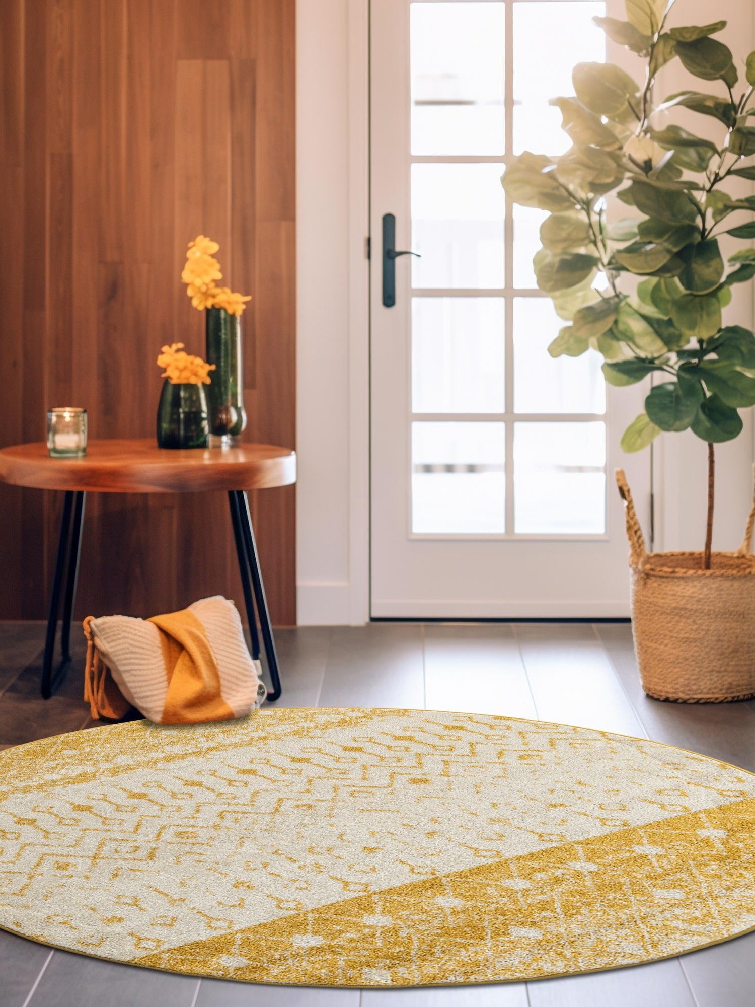 Ivory and Yellow 3' 1 x 3' 1 Tribal Trellis Round Area Rug Geometric Southwestern Inspired Durable Carpet for Home Interior Design for Sale at Rug Engine