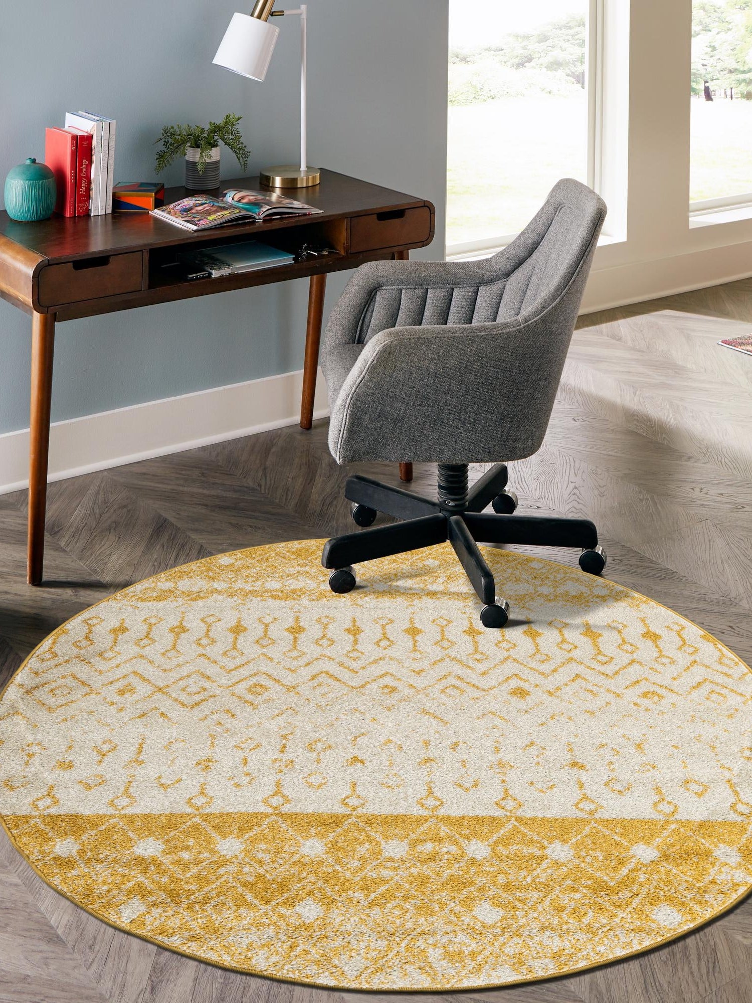 Ivory and Yellow 10' x 10' Tribal Trellis Round Area Rug Geometric Southwestern Inspired Durable Carpet for Home Interior Design for Sale at Rug Engine