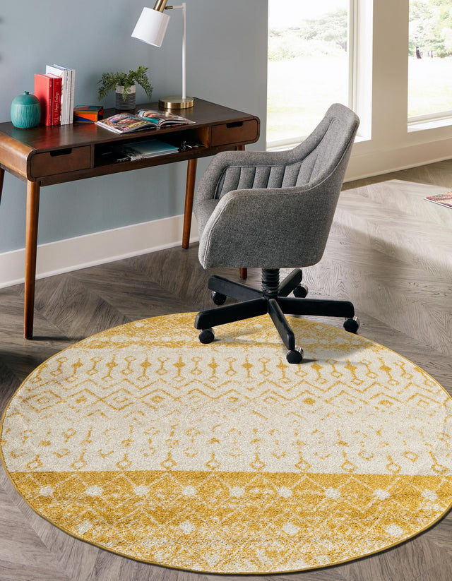 Ivory and Yellow 3' 1 x 3' 1 Tribal Trellis Round Area Rug Geometric Southwestern Inspired Durable Carpet for Home Interior Design for Sale at Rug Engine