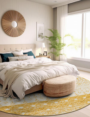 Ivory and Yellow 5' 3 x 5' 3 Tribal Trellis Round Area Rug Geometric Southwestern Inspired Durable Carpet for Home Interior Design for Sale at Rug Engine