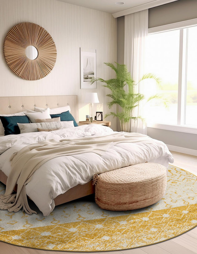 Ivory and Yellow 5' 3 x 5' 3 Tribal Trellis Round Area Rug Geometric Southwestern Inspired Durable Carpet for Home Interior Design for Sale at Rug Engine