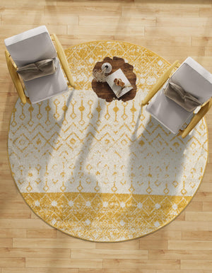 Ivory and Yellow 5' 3 x 5' 3 Tribal Trellis Round Area Rug Geometric Southwestern Inspired Durable Carpet for Home Interior Design for Sale at Rug Engine