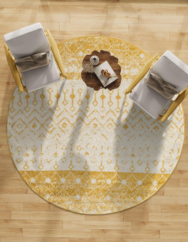 Ivory and Yellow 5' 3 x 5' 3 Tribal Trellis Round Area Rug Geometric Southwestern Inspired Durable Carpet for Home Interior Design for Sale at Rug Engine