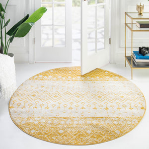 Ivory and Yellow 5' 3 x 5' 3 Tribal Trellis Round Area Rug Geometric Southwestern Inspired Durable Carpet for Home Interior Design for Sale at Rug Engine
