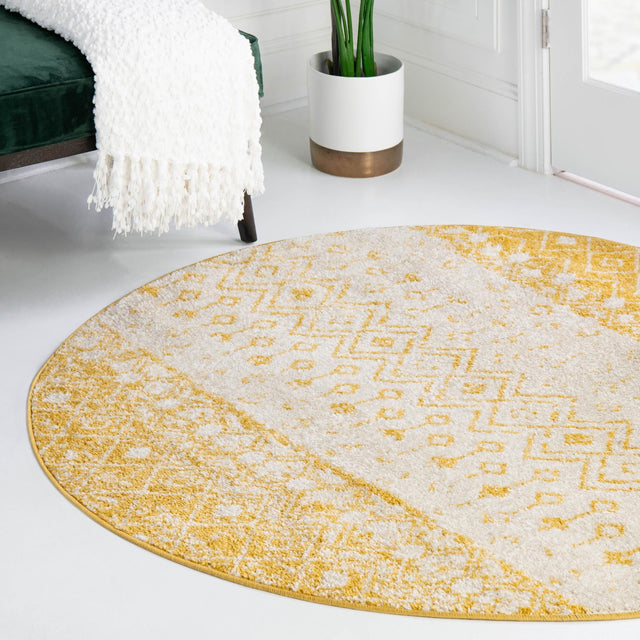 Ivory and Yellow 5' 3 x 5' 3 Tribal Trellis Round Area Rug Geometric Southwestern Inspired Durable Carpet for Home Interior Design for Sale at Rug Engine