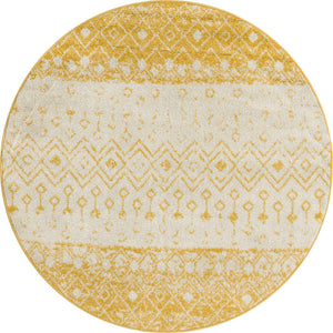 Ivory and Yellow 5' 3 x 5' 3 Tribal Trellis Round Area Rug Geometric Southwestern Inspired Durable Carpet for Home Interior Design for Sale at Rug Engine