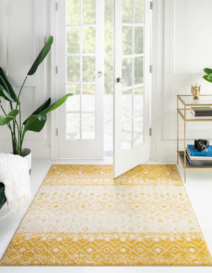 Ivory and Yellow 7' 10 x 7' 10 Tribal Trellis Square Area Rug Geometric Southwestern Inspired Durable Carpet for Home Interior Design for Sale at Rug Engine