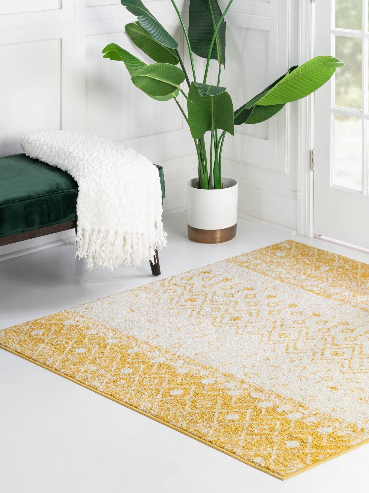 Ivory and Yellow 6' 1 x 6' 1 Tribal Trellis Square Area Rug Geometric Southwestern Inspired Durable Carpet for Home Interior Design for Sale at Rug Engine