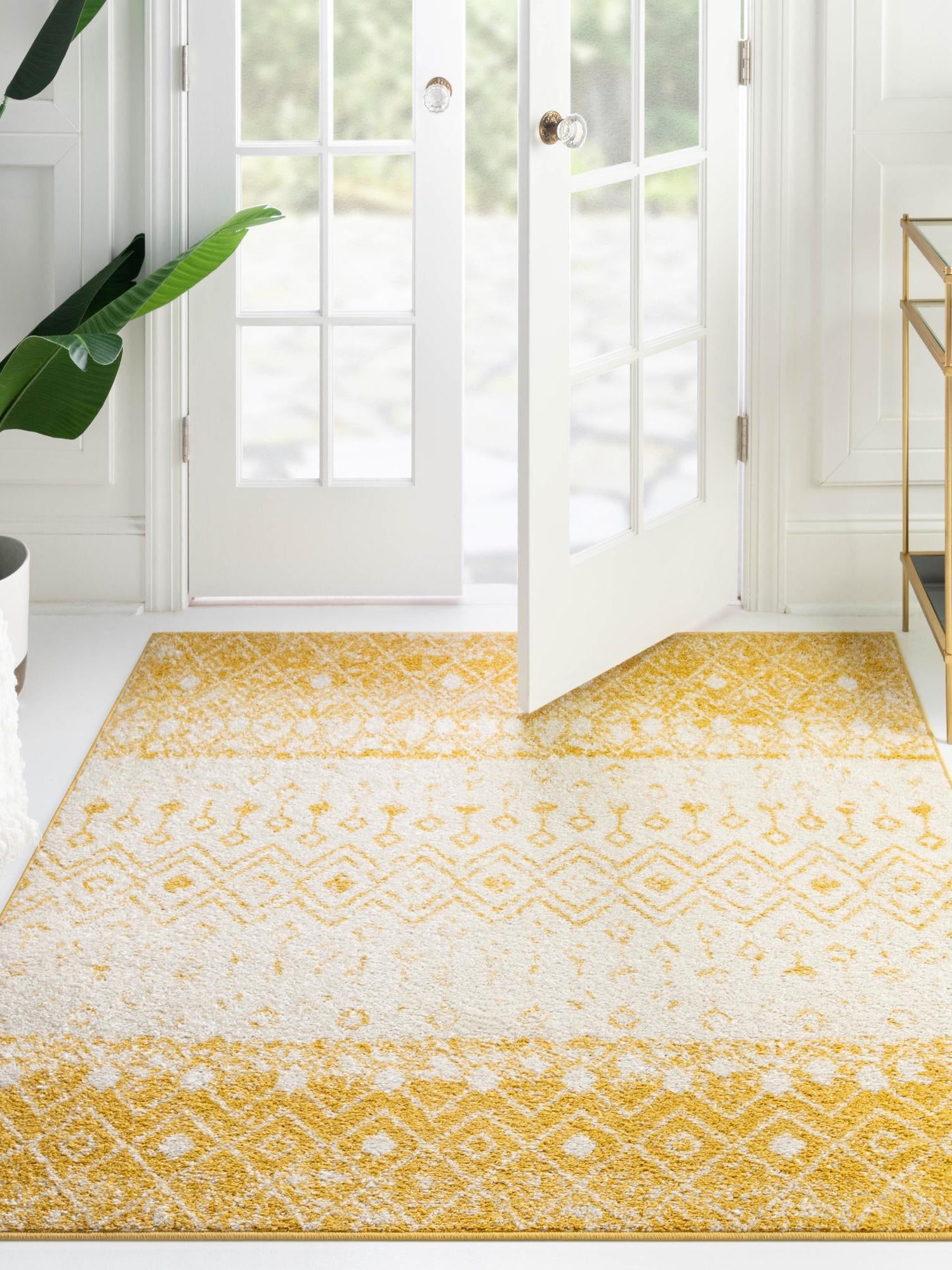 Ivory and Yellow 10' x 10' Tribal Trellis Square Area Rug Geometric Southwestern Inspired Durable Carpet for Home Interior Design for Sale at Rug Engine