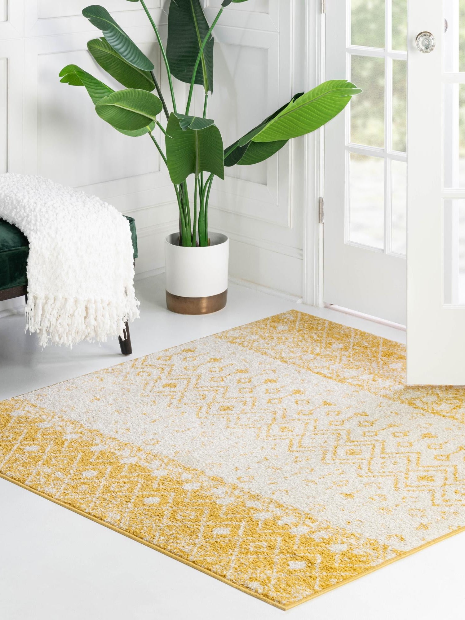 Ivory and Yellow 7' 10 x 7' 10 Tribal Trellis Square Area Rug Geometric Southwestern Inspired Durable Carpet for Home Interior Design for Sale at Rug Engine