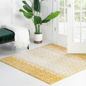 Ivory and Yellow 7' 10 x 7' 10 Tribal Trellis Square Area Rug Geometric Southwestern Inspired Durable Carpet for Home Interior Design for Sale at Rug Engine