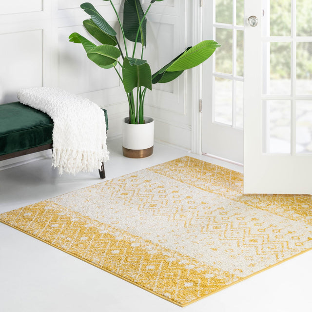 Ivory and Yellow 10' x 10' Tribal Trellis Square Area Rug Geometric Southwestern Inspired Durable Carpet for Home Interior Design for Sale at Rug Engine